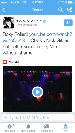 Tommy Lee tweets about Roxy Roller by Men Without Shame